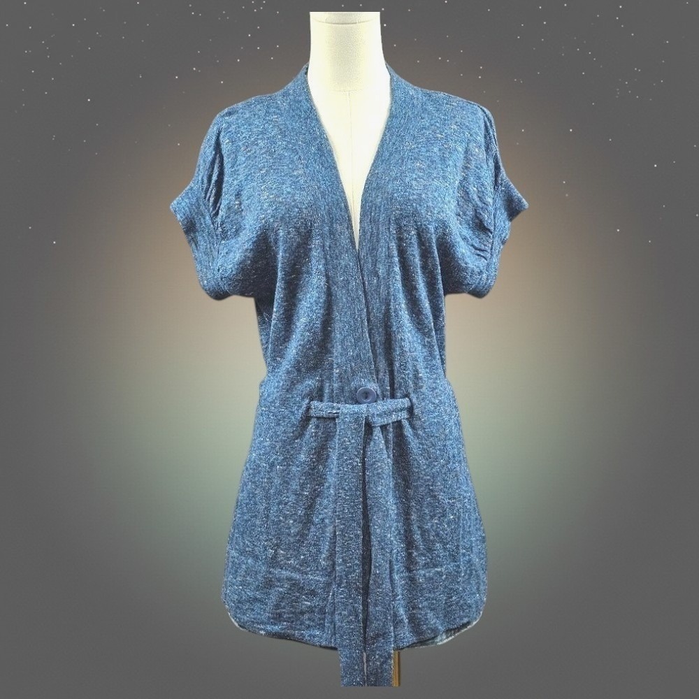 Slouchy Boho Layering Cardigan M Blue Space Dye Belted Dolman Sleeve Knit